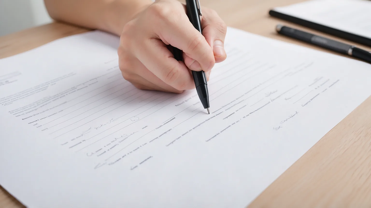 Unterschriebener Handwerkervertrag mit Stift und Zollstock